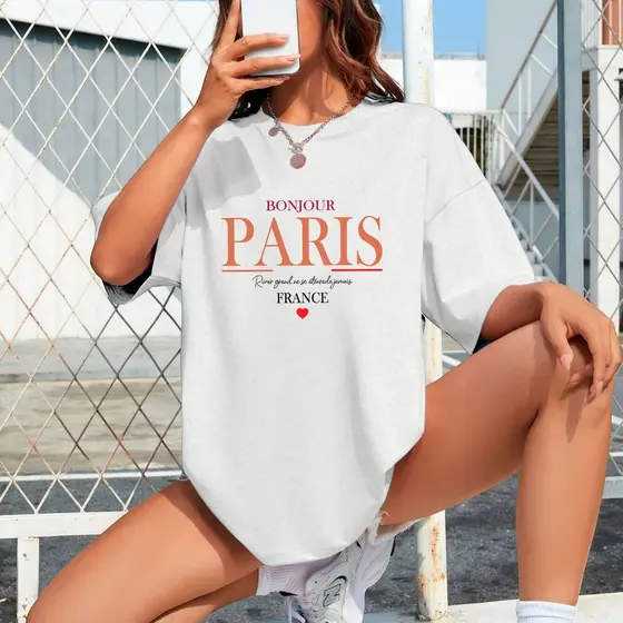 Camisetão Feminina Blusa Paris Bonjour Blusão Academia P ao G4 Shopping Algodão 30.1