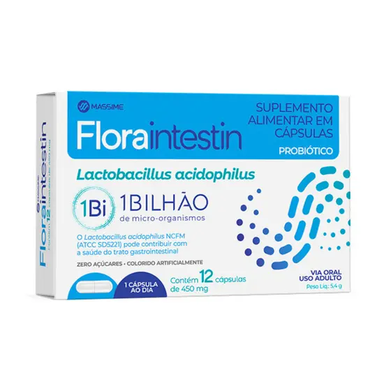 Floraintestin Probiótico 1 Bilhões Lactobacillus 12 cápsulas - Massime