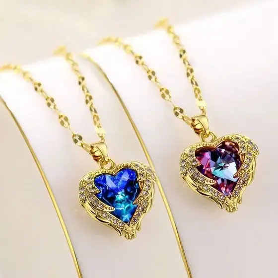 Colar De Cristal De Coração Azul Oceano Com Pingente De Amor Colar Aço Inoxidável Não Desbotado