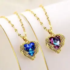 Colar De Cristal De Coração  Azul Oceano Com Pingente De Amor Colar  Aço Inoxidável Não Desbotado