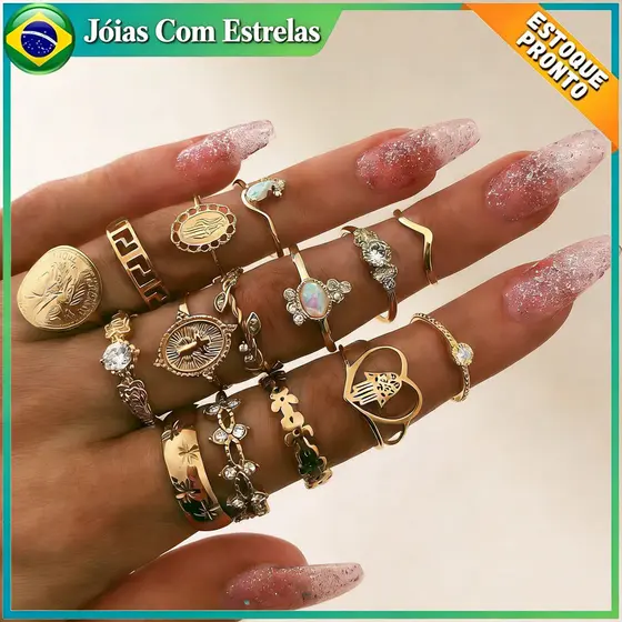 Conjunto 15 Anéis Modelo Moeda e Retrato Feminino Estilo Retrô Acessório de Moda