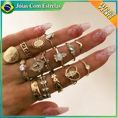 Conjunto 15 Anéis Modelo Moeda e Retrato Feminino Estilo Retrô Acessório de Moda