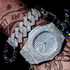 Relógio Masculino Iced Out Conjunto Relógio + Pulseira Cubana Zircônia Brilhante Estilo Hip Hop Quartzo