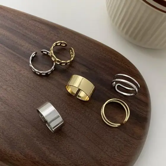 Conjunto de 6 anéis de ouro Conjunto de 3 anéis de prata Design de camada dupla aberta, elegante e simples
