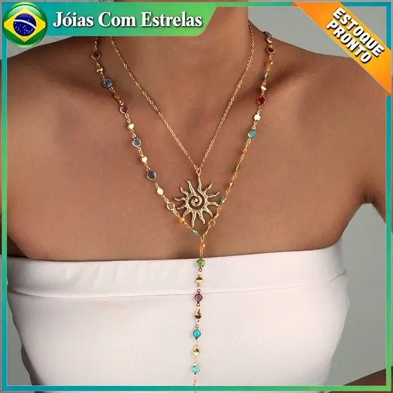 Colar longo com pingente de sol e borla, colar de cristal colorido Empilhado