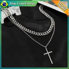 Kit 2 Em 1 Camadas De Corrente Cruz Colares  Colar cubano aço titânio estilo hip-hop masculino cores resistentes
