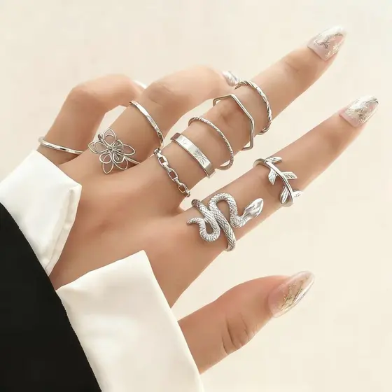Conjunto de 10 Anéis com Design de Girassol e Cobra, Estilo Retrô Simples com Junção de Folhas