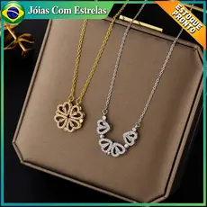 Colar Com Zircônias 2 Em 1 Formato Trevo E Formato Corações Colar Em Aço Titânio Não Desbota
