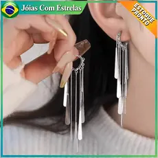 Brincos de Borla Longa Prata de Lei S925- Modelo Nicho Elegante para Mulheres