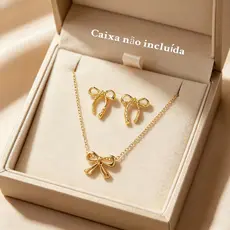 Kit Joias 2 Peças Colar e Brincos Laço Dourado Aço Inoxidável Hipoalergênico Para Aniversário