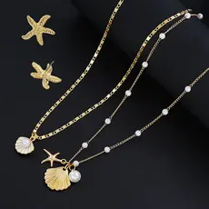 Conjunto feminino de colar e brincos com design de pérolas conchas e estrelas-do-mar estilo férias de verão na praia