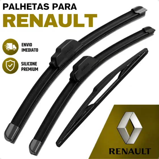 Jogo Palhetas Limpador de Parabrisa Dianteiro Traseiro Silicone Renault Clio Duster Fluence Kwid Sandero Logan Oroch