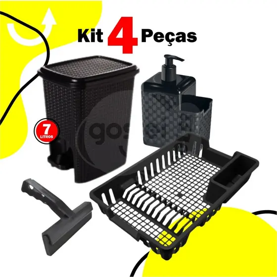 Kit Lixeira 7 Litros + Porta Detergente + Rodinho de Pia + Escorredor Louça