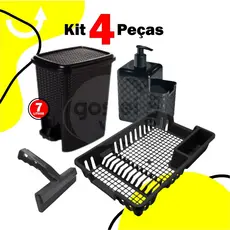 Kit Lixeira 7 Litros + Porta Detergente + Rodinho de Pia + Escorredor Louça