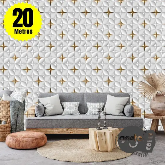 Papel de Parede 3D Cinza Dourado Geometrico Adesivo Autocolante Rolo 5m x 45cm Sala Quarto