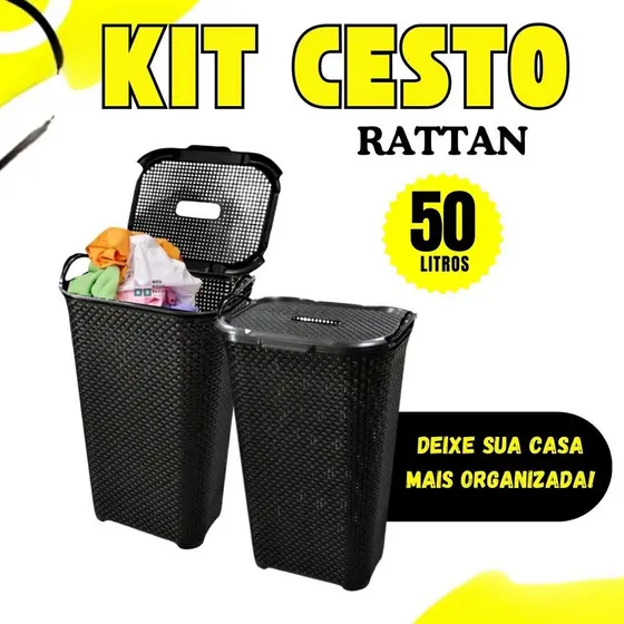KIT Cesto de Roupa Grande 50 Litros Com Alça Para Roupas Com Tampa Rattan