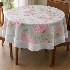 Toalha de Mesa Peva Plástico Redonda 1.80m Impermeável Barrado de Renda Plástico Mesa 4 e 6 Cadeiras