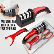 Conjunto de Cozinha Completo 3 peças Tesoura Inox Afiador Descascador