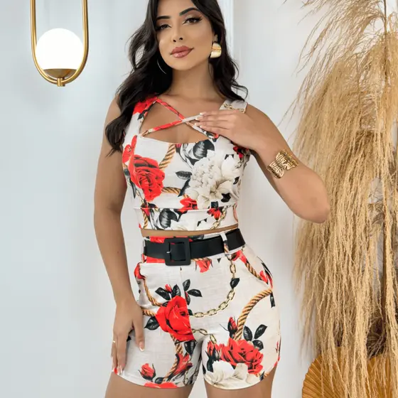 Conjunto Feminino Blusa com Bojo e Short com Cinto Roupas Femininas