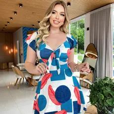 Vestido Gabi Suplex Estampado Manga Babado Com Bojo