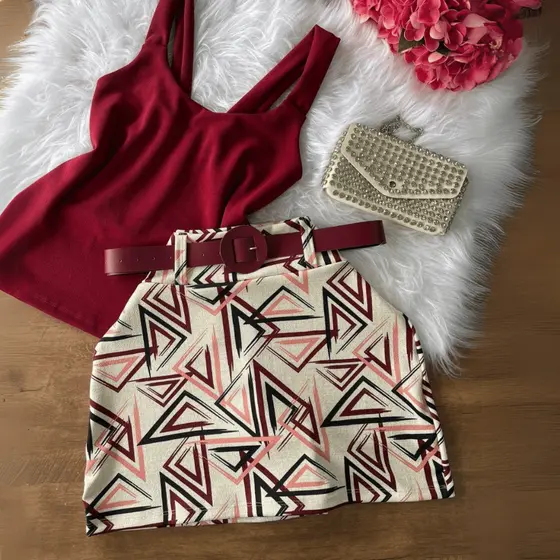Conjunto Blusa Regata e Short Saia com Cinto Plus Size Conjuntinho Feminino