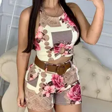 Conjunto Feminino Short Com Cinto e Cropped Com Bojo Roupas Femininas Conjuntinho