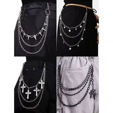 Cinto de corrente para calças multicamadas punk de Halloween metal estrelas cruz teia de aranha
