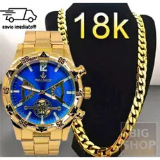 Relógio masculino Dourado aço inox de pulso + corrente aço inoxidável Metal RN0002 003