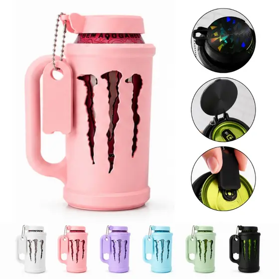 Kit Caneca Porta Lata Monster 3 em 1 com Tampa Protetora Holográfica + Abridor Chaveiro