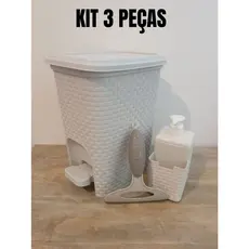 Kit Lixeira Cesto Rattan Branco 7 litros + Porta Esponja e Sabonete Líquido Rattan Branco + Rodinho De Pia Branco Cozinha Banheiro