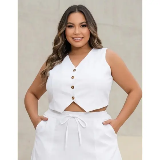 Conjunto Colete e Saia Linho Feminino Elegante Moda Social Casual