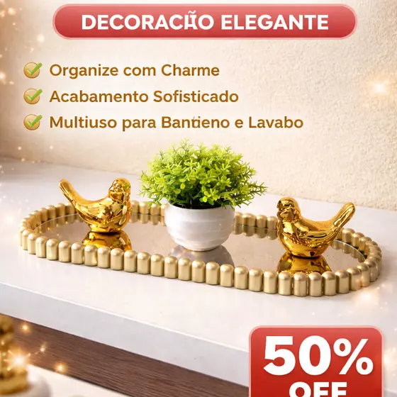 Bandeja Espelhada Bolinhas Dourada Porta Joias Perfumes Decorativa Multiuso Lavabo Quarto
