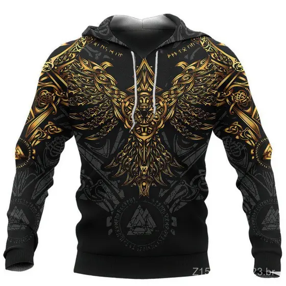 2025 primavera outono Cross-Border novo mito nórdico 3D impresso moletom com capuz masculino Vikings moletom de manga co