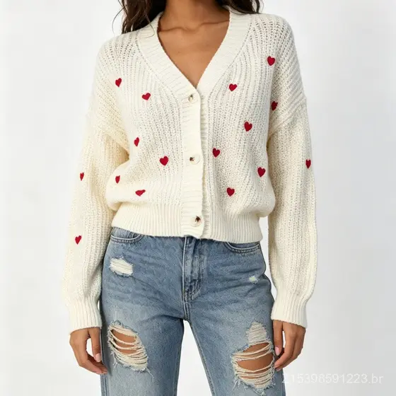 Cross-Border 2026 europeu americano malha topo outono inverno novo estilo moda feminina amor Jacquard com decote em V ca