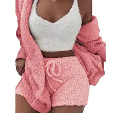 Roupas femininas transfronteiriças europeias americanas inverno pelúcia Loungewear Casual pijama de três peças Shorts de