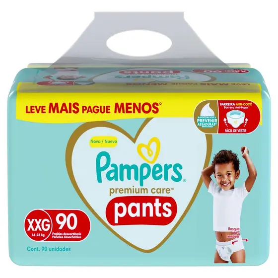 Fralda Descartável Infantil Pampers Pants Premium Care XXG Pacote 90 Unidades Leve Mais Pague Menos