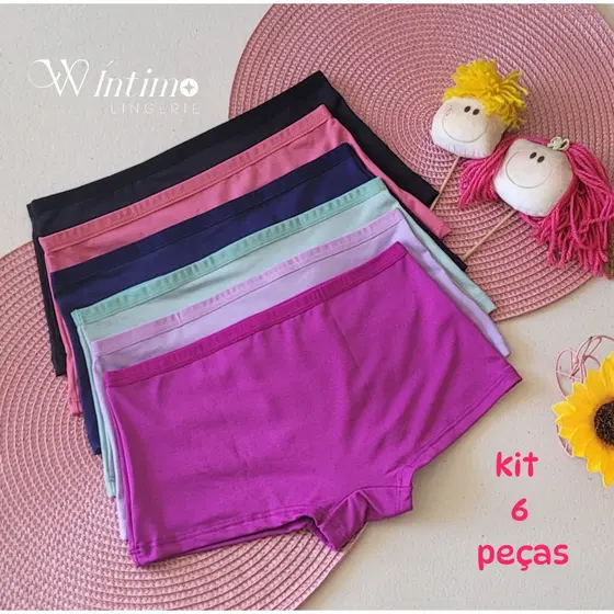 Calcinha boxer feminina infantil menina Juvenil 10 anos Juvenil 12 anos Juvenil 14 anos kit 6 peças