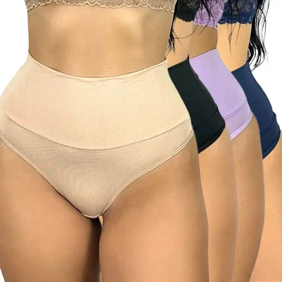 Kit 4 Calcinha Feminina Fio Duplo Cós Alto Pala Alta Compressão Modeladora Microfibra Lingerie Moda