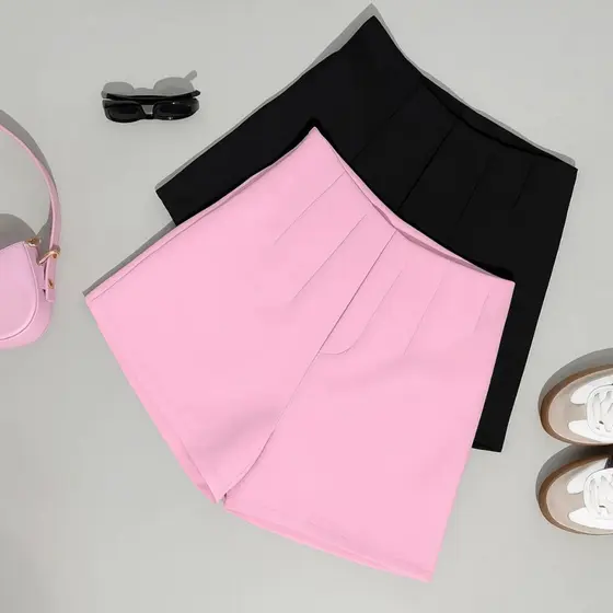 Kit 2 Shorts Feminino Alfaiataria Cintura Alta Zíper Lateral