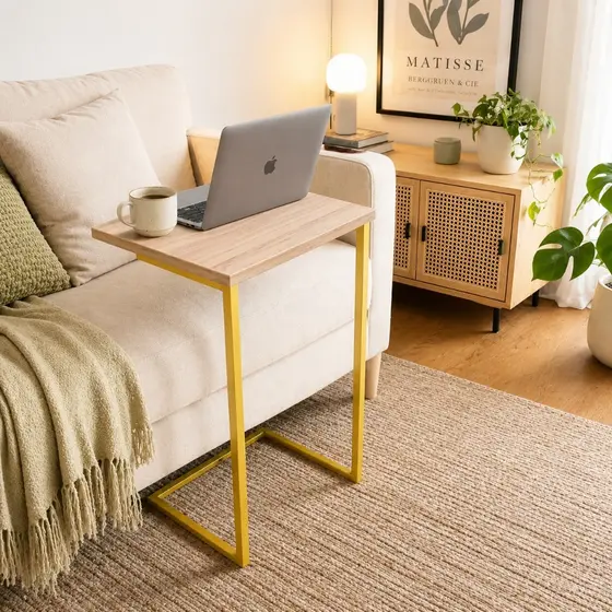 Mesa Lateral Apoio Para Sofá Notebook Estudos Home Office - Pérola / Dourado - Decore Art.