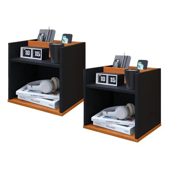 Kit Mesinha De Cabeceira Moderna Prateleira Criado Luxo Cor Preto/Cinamomo