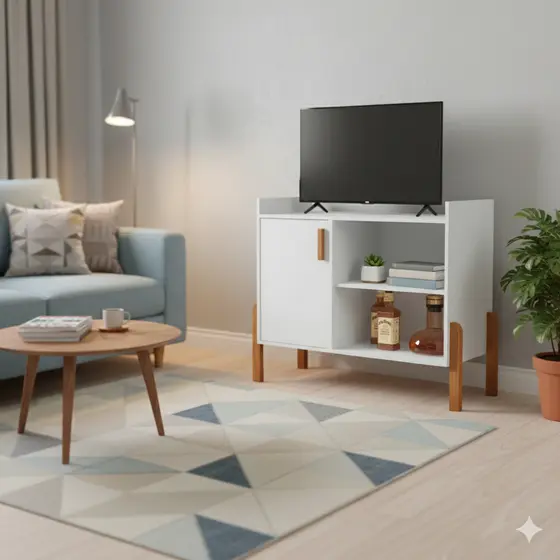 Rack Retrô Vintage Moderno para TV 32 Polegadas 1 Porta Prateleira Pé Madeira Branco