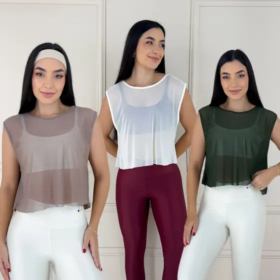 Blusa Feminina de Tule Transparente Cropped top com Manga Roupa de academia Moda fitness