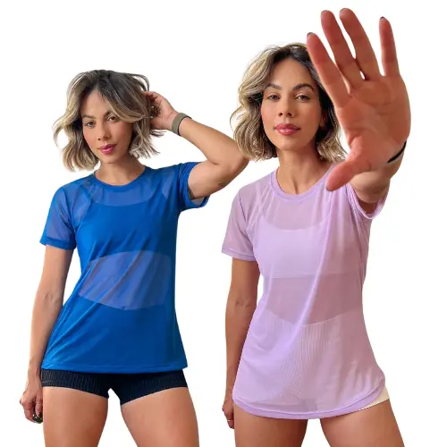 Kit com 2 camisão compridos roupa de academia, blusa de tule transparente fitness