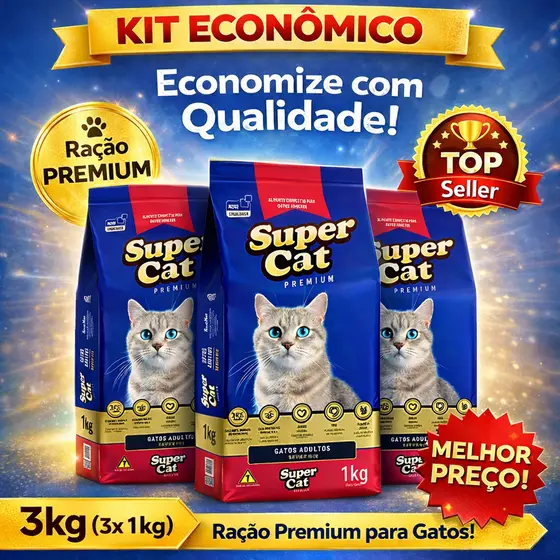 RAÇÃO Kit 3 Super Cat – 3×1 kg | Sabor Carne e Peixe Contém Taurina e Prebióticos