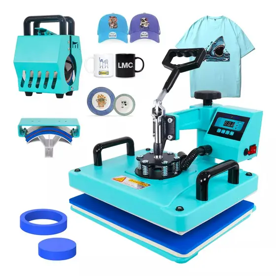 Combo 5 Em 1 Prensa Térmica De Sublimação Cor Azul Para Camiseta Chinelo Boné Mecolour