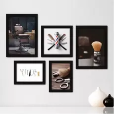 Quadros decorativos 5 peças mosaicos para sua sala ou quarto Barbearia Barbeiro Barber cadeira estoq