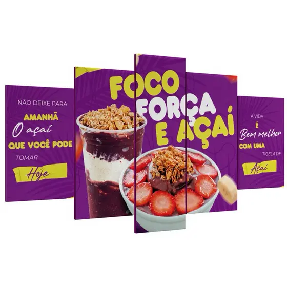 Quadros Decorativos Frase Açai Mosaico 5 Peças Açaiteria Sorteria