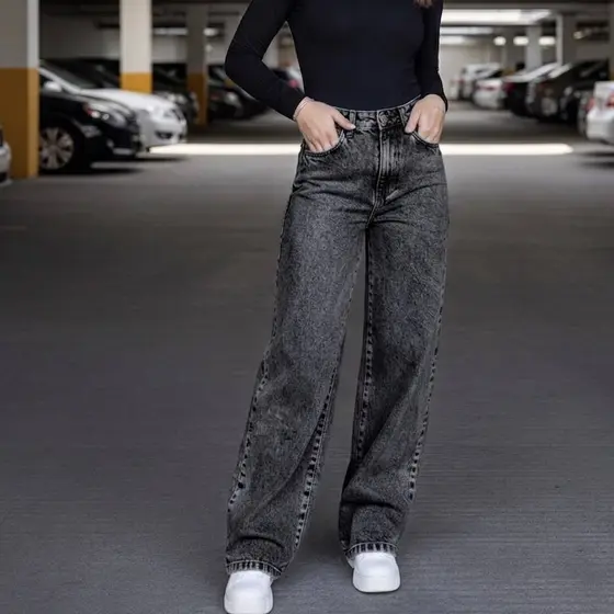 Calça Jeans Feminina Wide Leg pantalona Cintura Alta Tecido calça wide leg jeans resistente