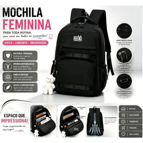 Mochila Feminina Escolar Impermeável Grande Bolsa Feminina Faculdade Trabalho Moda Premium